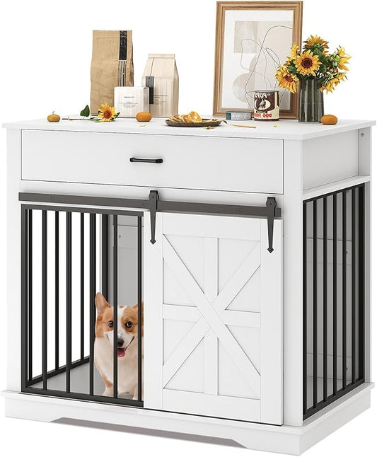 37.8" Dog Crate Furniture, Farmhouse Style 2-in-1 Dog Crate with Sliding Barn Door for Small/Medium Dogs, Dual Function as Side Table with Storage Drawer, 2-in-1 Iron-Wood Fusion Design, White