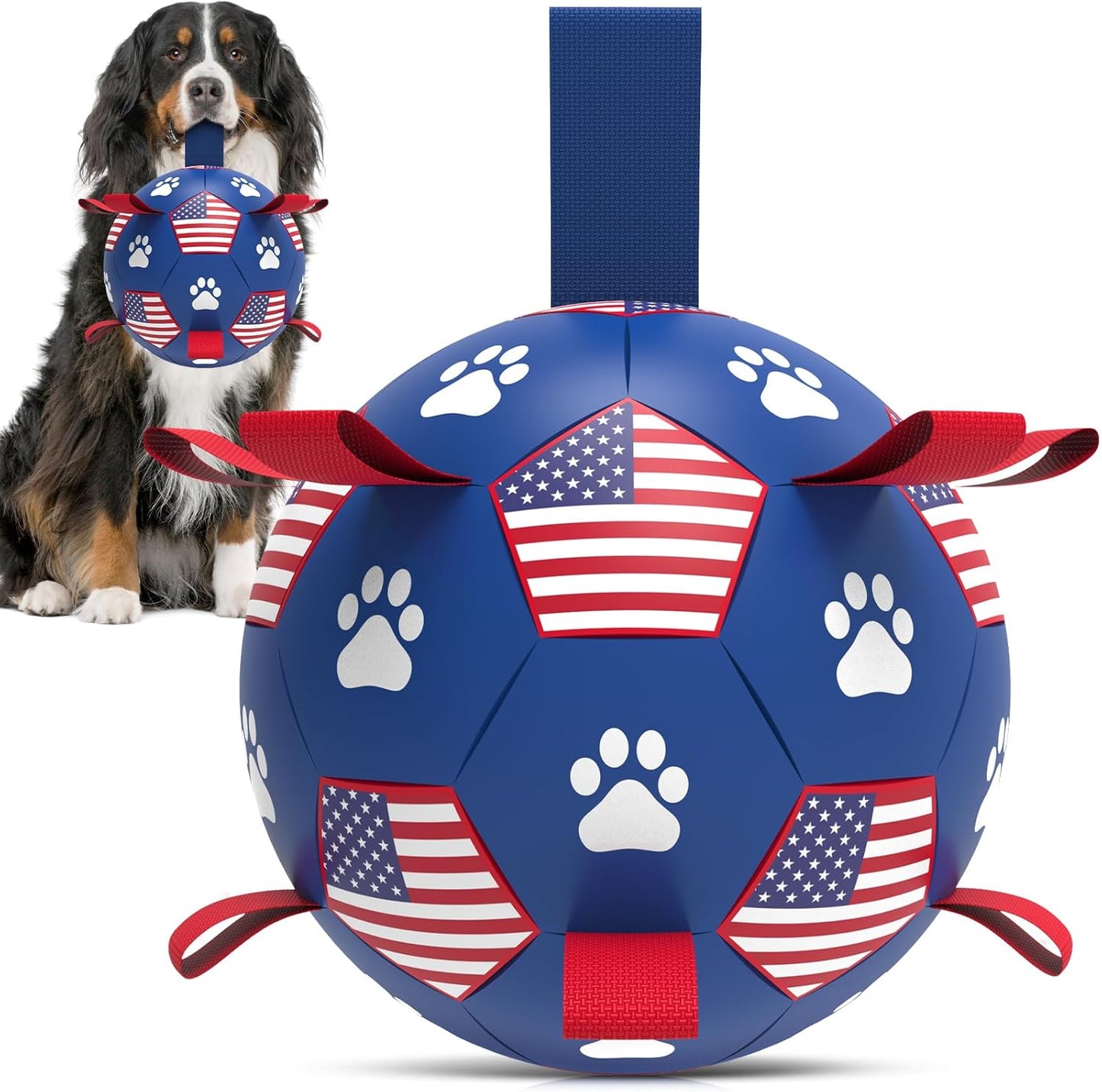 QDAN Dog Toys, Soccer Ball with Straps, Durable Dogs Balls for Extra Large Breeds, Beach Pool Water Toy, Dog Birthday Gifts, Herding Balls (9 Inch)
