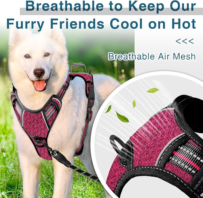 BARKBAY Dog Harness No Pull with ID Tag Pocket - Heavy Duty, Reflective, Easy Control for Large Dogs(Pink/Black,XL)
