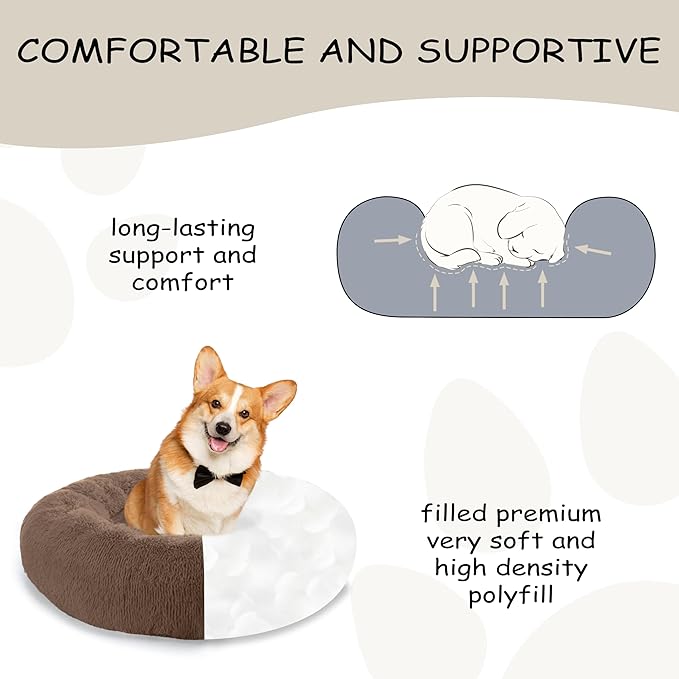 39'' inch Calming Dog Bed, Plush Anti-Anxiety Donut Dog Bed for Medium Large Dogs, Warming Cozy Soft Cute Round Washable, Marshmallow Cuddler Nest Pet Bed, Brown