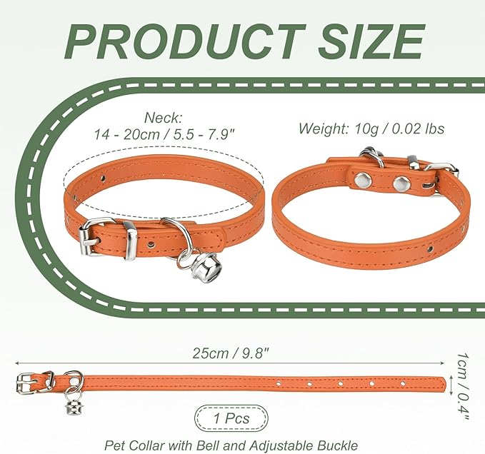 Dog Collar with Bell, Pu Leather Cat Collars Pet Basic Soft Padded Adjustable Buckle, 10" (Orange, 1 Pcs), Intended for Teacup/Little Dog/Kitten Cats/Small Animals