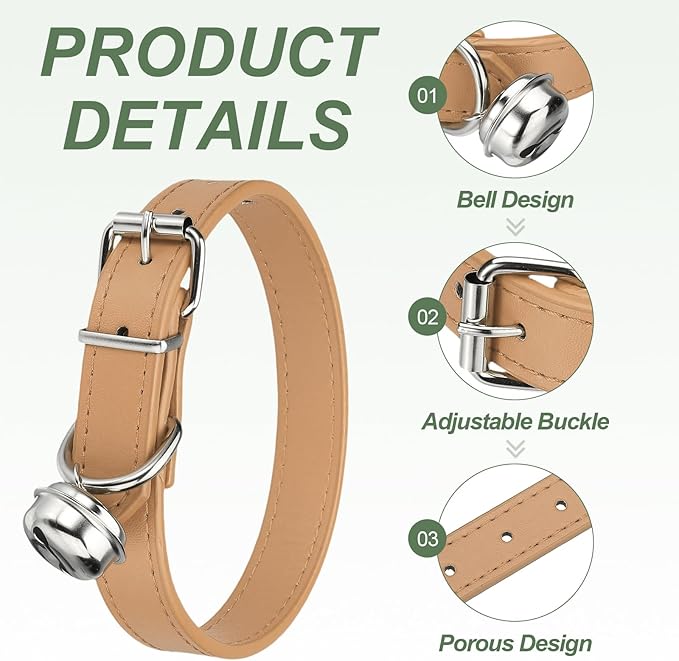 Dog Collar with Bell, Pu Leather Cat Collars Pet Basic Soft Padded Adjustable Buckle, 16" (Khaki, 1 Pcs), Intended for Teacup/Little Dog/Kitten Cats/Small Animals