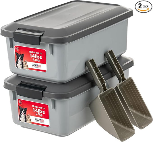 IRIS USA WeatherPro Airtight Pet Food Storage Container, Up to 14 lbs, Dog Cat Bird and Other Pet Food Storage Bin Keep Pests Out Translucent Body BPA Free Stackable, 2 Pack, Gray