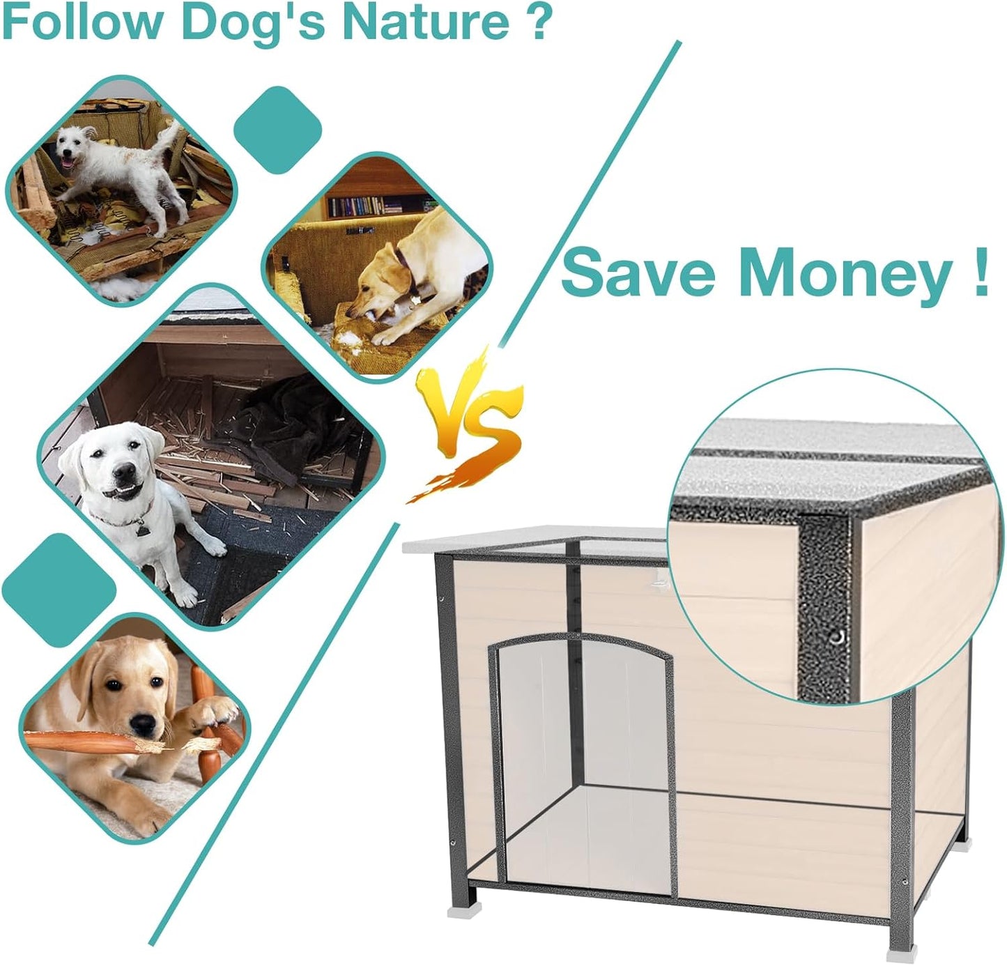 Indoor Outdoor Dog House,Anti-Chewing Iron Frame Dog Kennel,Wood Warm Pets Home,Weatherproof Outside Shelter (43.3" (L) x 29.4" (W) x 33.4" (H) Brown)