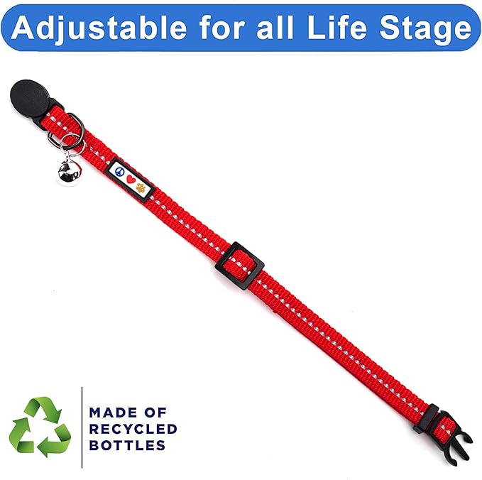 Pawtitas Recycled Red Reflective Cat Collar – Eco-Friendly Breakaway Safety Buckle, Adjustable Kitten & Adult Collar with Removable Bell and High-Visibility Strap