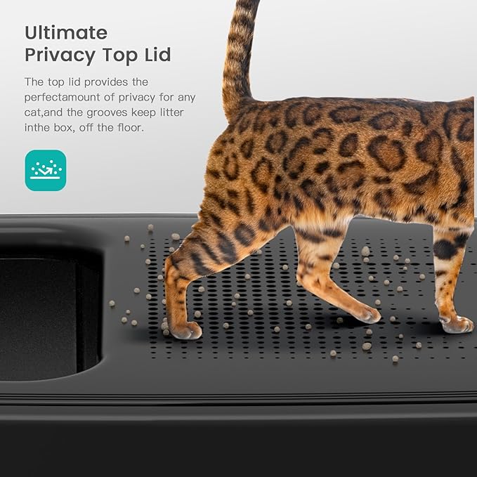 Enclosed Stainless Steel Cat Litter Box with Lid, XL Extra Large Litter Box for Big Cats, Metal Litter Pan High Sided, Never Absorbs Odors, Anti-Urine Leakage, Include Scoop (V-Black)