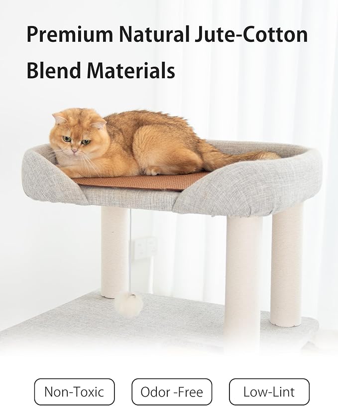 Cat Tree Tower Wooden 37.4''(95 cm), Large Cat Tree with Jump Platform & Play Ball for Indoor Cats, Ideal Cat's Climbing Frame & Playhouse (Linen Fabric Light Grey)