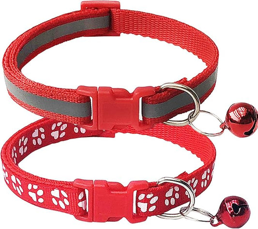 CHBORCHICEN 2-Pack Footprint & Reflective Cat Collar with Bell Basic Dog Cat Collar Buckle Adjustable Polyester Cat Dog Collar or Seatbelts (X-Small, Red)