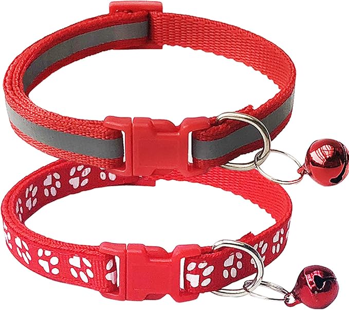 CHBORCHICEN 2-Pack Footprint & Reflective Cat Collar with Bell Basic Dog Cat Collar Buckle Adjustable Polyester Cat Dog Collar or Seatbelts (Small, Red)