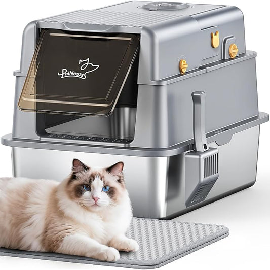 L7 Pro-Stainless Steel Litter Box with Lid, XXL Extra Large Enclosed Metal Cat Box for Kitty&Big Cats, Odor Control - Cat Litter Deodorizer, High Sided Enclosure with Scoop & Mat, Anti-Leakage-Grey
