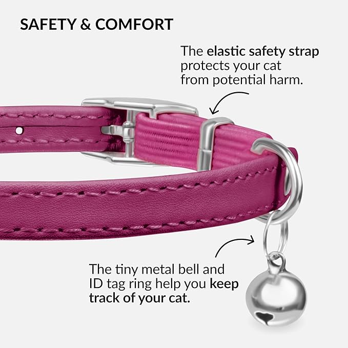 CollarDirect Leather Cat Collar with Bell - Kitten Collar, Small and Big Cat Strap for Boy Cats, Girl Cats with Safety Elastic Strap (Neck Fit 6"-7", Pink)
