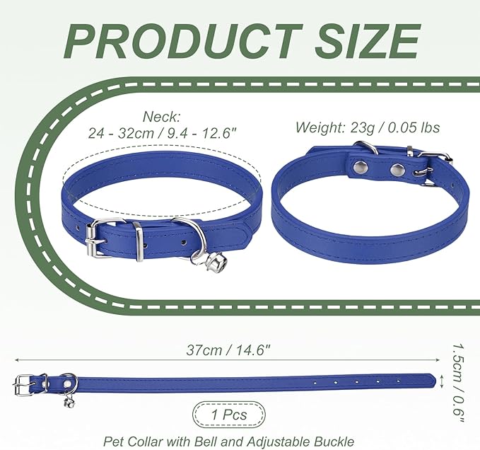 Dog Collar with Bell, Pu Leather Cat Collars Pet Basic Soft Padded Adjustable Buckle, 14.5" (Navy, 1 Pcs), Intended for Teacup/Little Dog/Kitten Cats/Small Animals