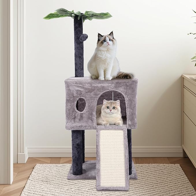 41″ Cat Tree for Indoor Cats Furniture, Cat Tower with Scratching Board and Save Space, Modern Activity House for Large Cats, Condo with Ball Toys, Kittens Cave, Cat's nest, Light Grey