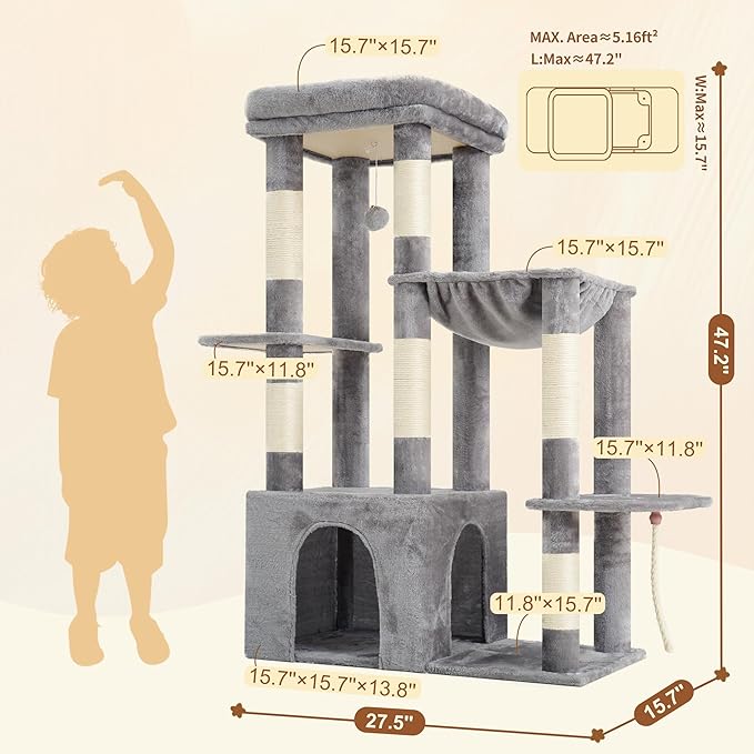 Heybly Heavy Duty Cat Tree, Tower for Indoor Cats Large Adult, Tall Cat Condo House with Extra-Large Baseboard, Multi-Level Plush Furniture with Scratching Posts, Hammock,Toy Balls,Light Gray HCT026W