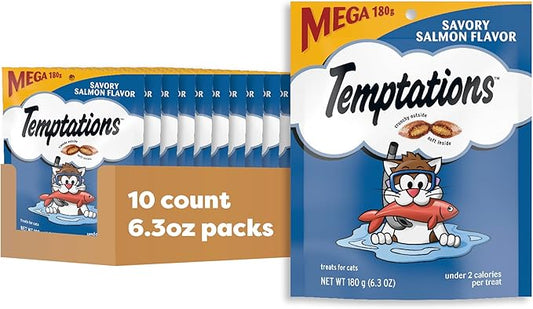 Temptations Classic Crunchy and Soft Cat Treats, Savory Salmon Flavor, 6.3 oz. Pouch (Pack of 10)