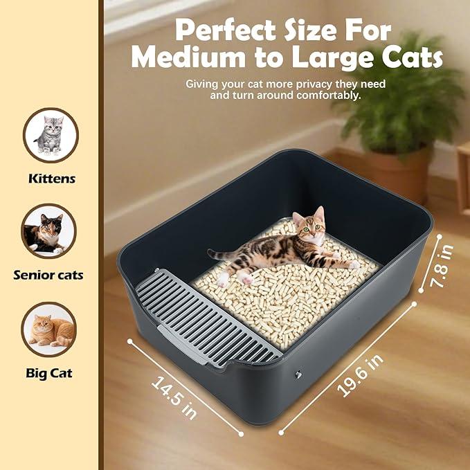 Large Cat Litter Box with High Sides and Low Entry,Open Top Litter Pan with Litter Trapping Pedal for Indoor Big Cats,Kittens and Multicat Homes,Easy to Clean,Anti-Urine Leakage (Grey)
