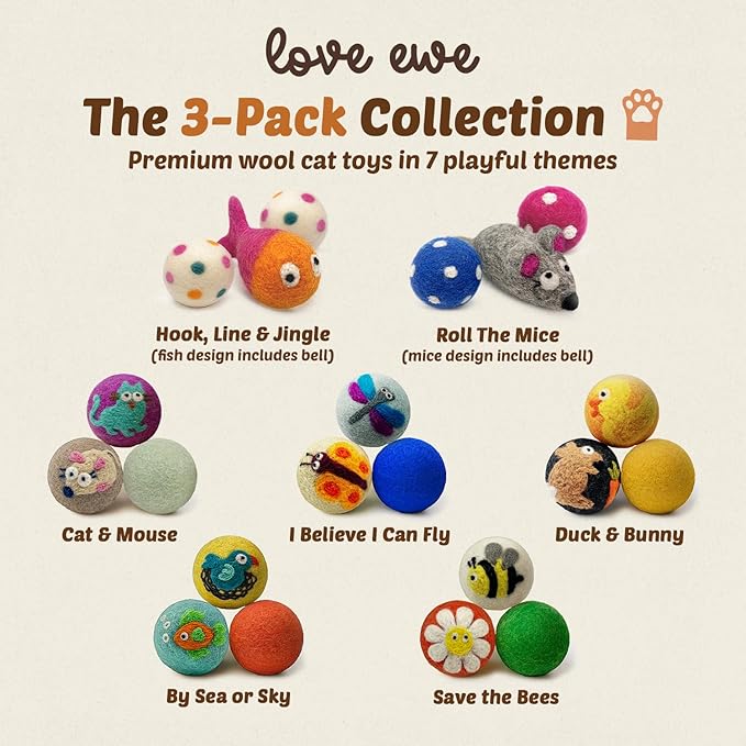 Hustle & Blush Wool Felt Balls 3 Pack Love Ewe Pet Supplies - 2 in Felted Wool Cat Toys 100% New Zealand Wools Felt Cat Toys Handmade Wools Felts Balls - Cats Felts Ball with Bell - Roll The Mice