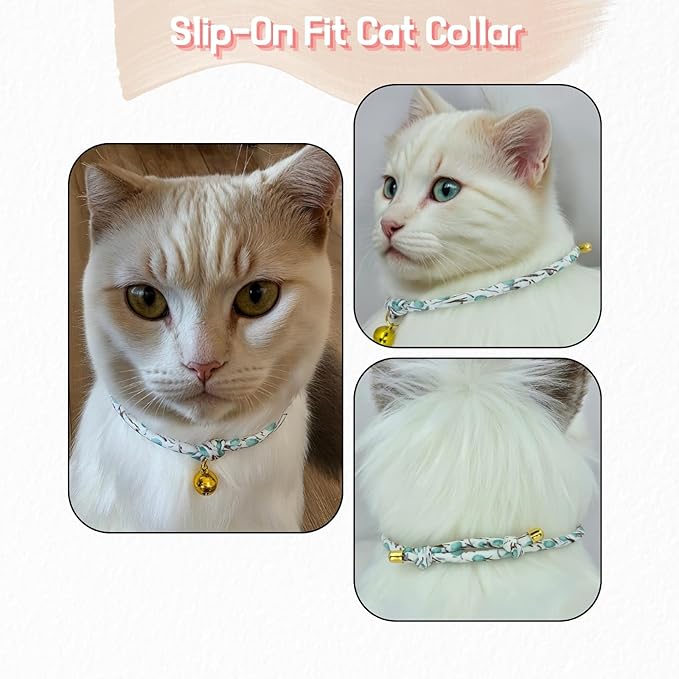 Handmade Cotton Spring Cat Collar with Bell – Adjustable Slip-On Design, No Buckle, Lightweight Rope Collar for Kittens, Indoor Cats, and Small Pets (Leaf-Mint)