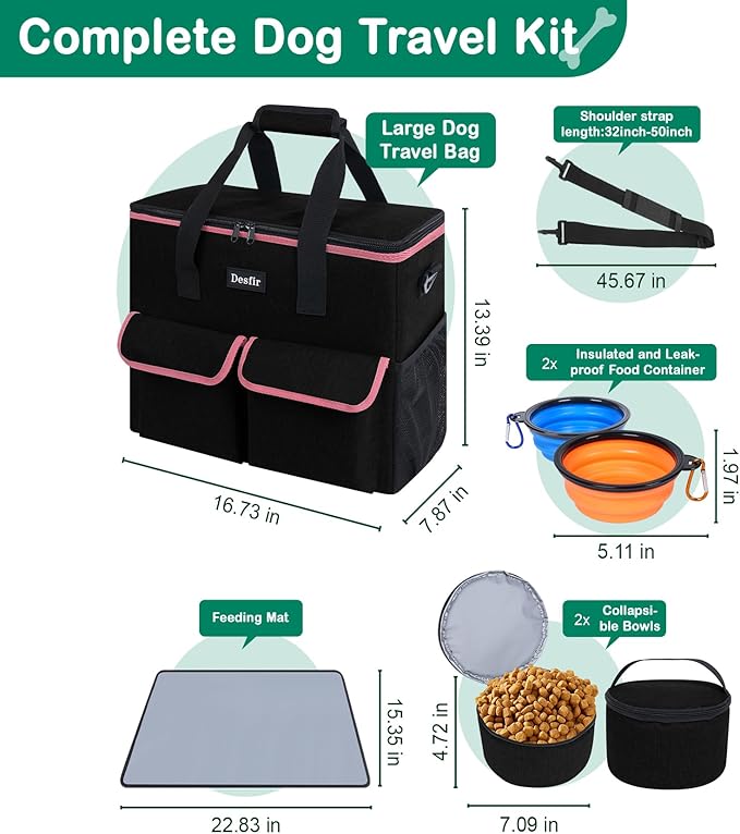 Large Pet Travel Bag Organizer - Dog & Cat Tote with Food Containers, Bowls, Feeding Mat, Perfect for Camping, Hiking (Multi-Pocket Design)
