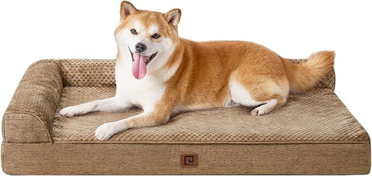 EHEYCIGA Memory Foam Dog Bed Large Sized Dogs, Pet Bed for Large Dog for Crate with Waterproof Liner, Pet Couch Bed Orthopedic with Washable Removable Cover, 35x23x6 Inches, Camel