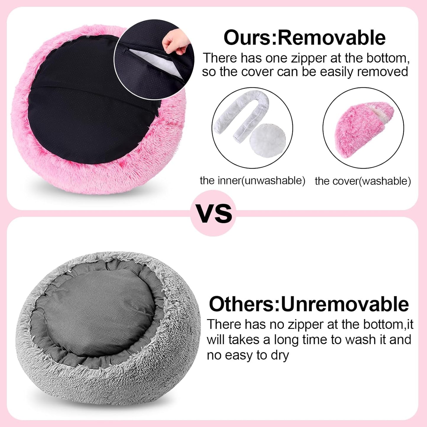 Calming Dog Beds with Hooded Cat Cave Cover - Removable, Washable Round Beds for Small to Medium Pets, Anti-Slip Faux Fur Fluffy Cover for Improved Sleep - Fits up to 15/25 lbs (Pink, M)
