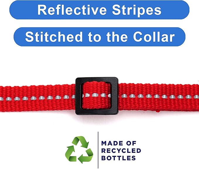 Pawtitas Recycled Red Reflective Cat Collar – Eco-Friendly Breakaway Safety Buckle, Adjustable Kitten & Adult Collar with Removable Bell and High-Visibility Strap