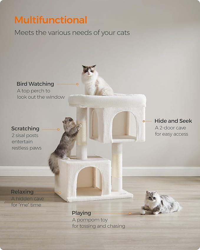 Feandrea Cat Tree, 39.8-Inch Cat Tower, XL, Cat Condo for Extra Large Cats up to 44 lb, Large Cat Perch, 2 Cat Caves, Scratching Post, Cream White UPCT614T01