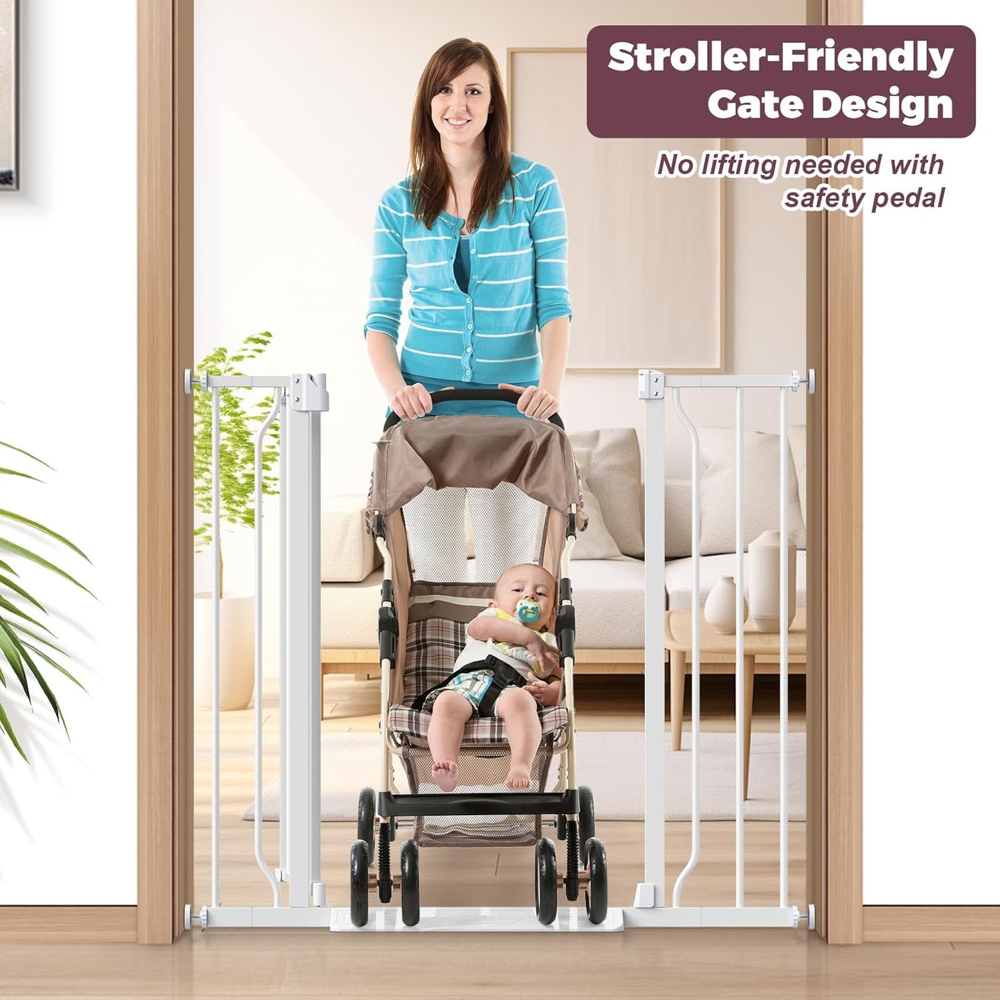 34" Extra Tall Baby Gate for Stairs, Auto Close Stroller Friendly Dog Gate Indoor for Doorways, Pressure Mounted 29"-40" W Baby Gate, Easy Walk Through Gate for Children & Pets, White