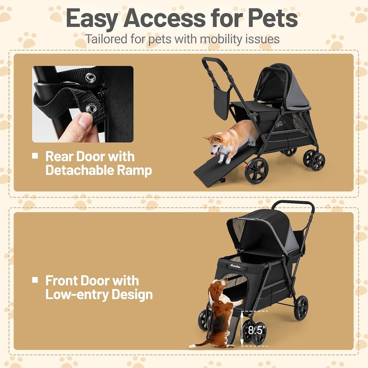 PETSITE 4 Wheels Dog Stroller, Foldable Cat Stroller with Dual Entries, Ramp, Mesh Windows, Adjustable and Detachable Canopy, and All-Terrain Wheels with Brake, Ideal for Small Medium Dogs