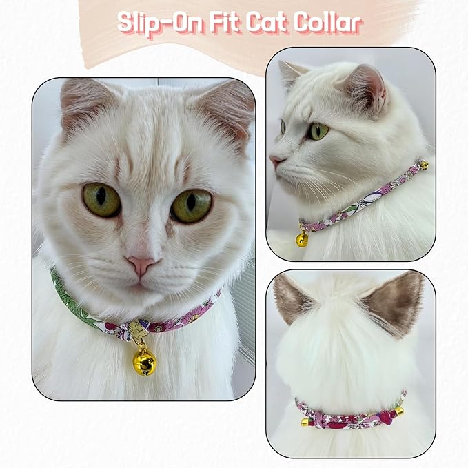 Handmade Cotton Cat Collar with Bell – Adjustable Slip-On Design, No Buckle, Lightweight Rope Collar for Kittens, Indoor Cats, and Small Pets (Rosy)