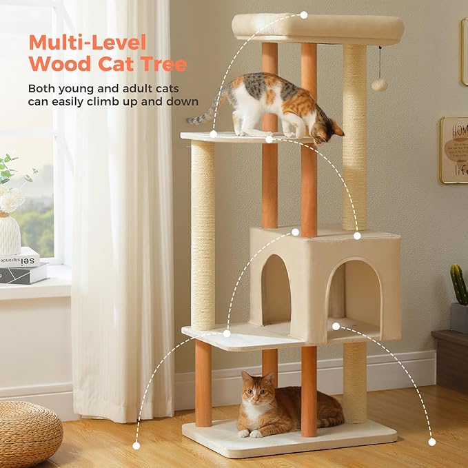 53" Modern Cat Tree for Large Cats, Wooden Cat Tower with Fully Sisal Covered Scratching Posts and Solid Wood Posts, Cat Furniture with Spacious Perch and Cozy Condo Beige