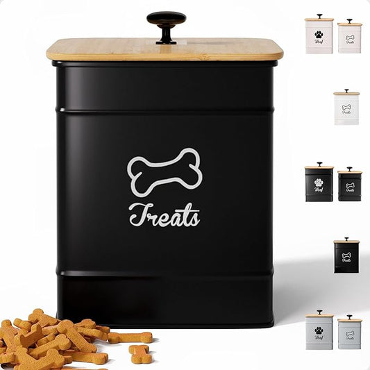 Dog Treat Container Airtight - 5 Inch Wide x 7 Inch Tall Iron Dog Treat Jar for Kitchen Counter with Airtight Bamboo Lid - 7 Cup Capacity Pet Treat Container - Doggie Cookie Jar - Big Treats Canister