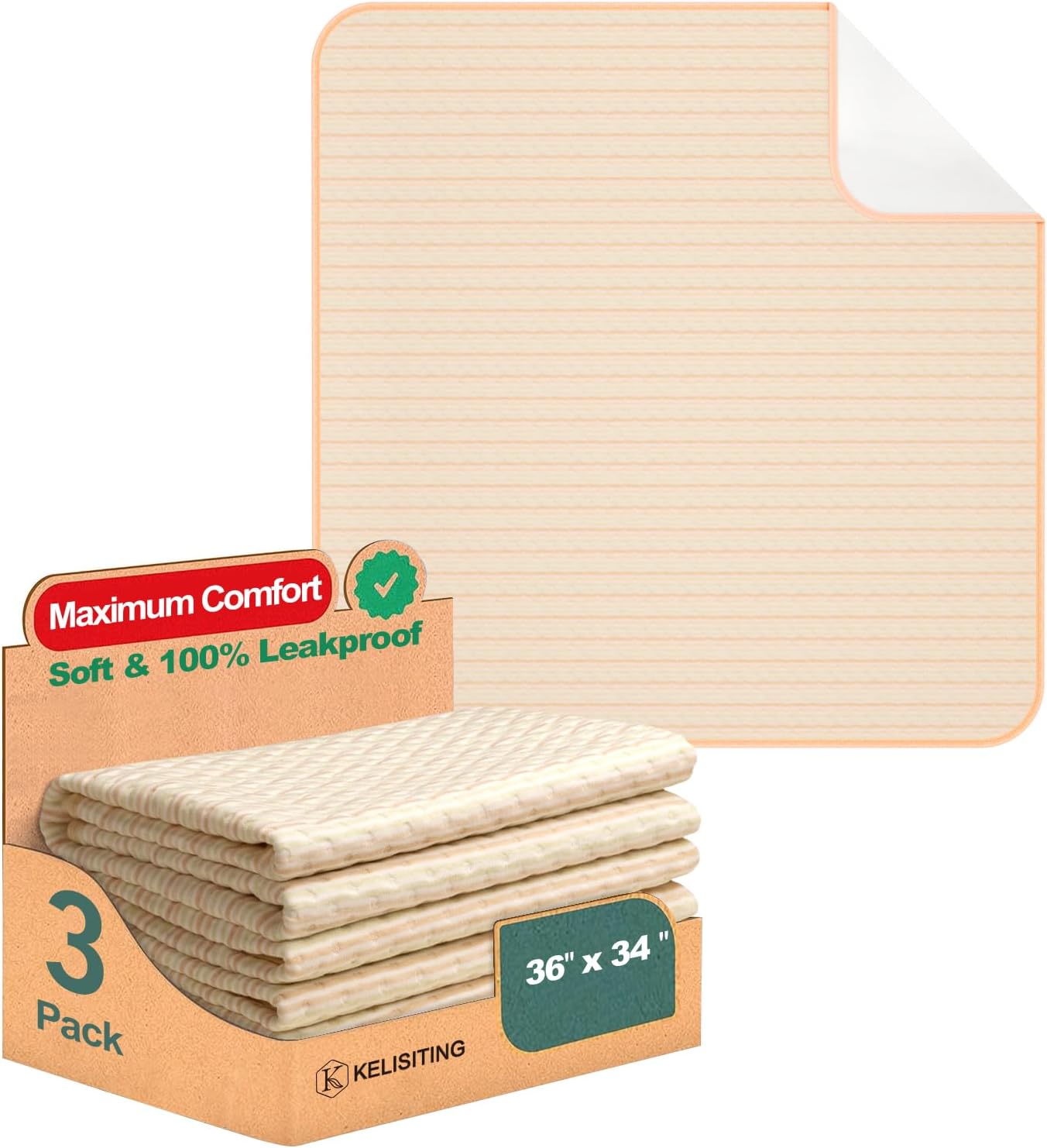 Bed Pads for Incontinence Washable Waterproof, 36" x 34" (Pack of 3) - Reusable Medium Bamboo Fiber Pee Pads for Adults, Women, Elderly, Pet, 4-Layer Underpads for Sofa, Couch, Furniture - KELISITING