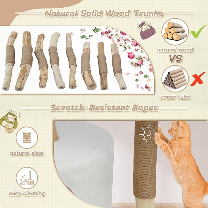 Solid Wood Cat Tree Tower, Modern Multi-Level w/ 2 Flower Perches, Scratching Post, Hanging Ball - Luxury Boho Cat Furniture w/Condo & Wicker Basket for Indoor Cats