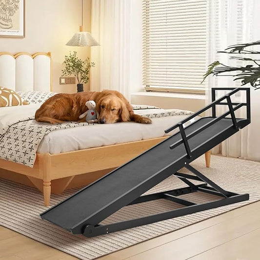 Dog Ramp, 5 Level Adjustable Height Folding Pet Ramp for High Bed, Portable Paw Ramps Large Bed Ramp for Medium & Large Old Dogs & Cats - Natural Wood Furniture Quality