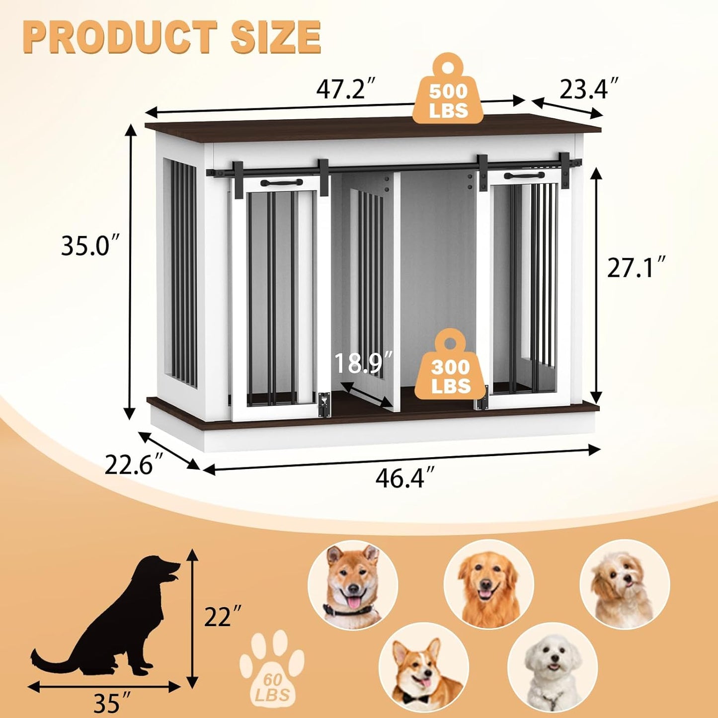 RQZ Double Dog Crate Furniture for 2 Dogs Heavy Duty Wood Dog Cage Table with 2 Sliding Doors and Removable Divider Dog Kennel Indoor for Medium Large Dogs (47" L x 24" W x 35" H)