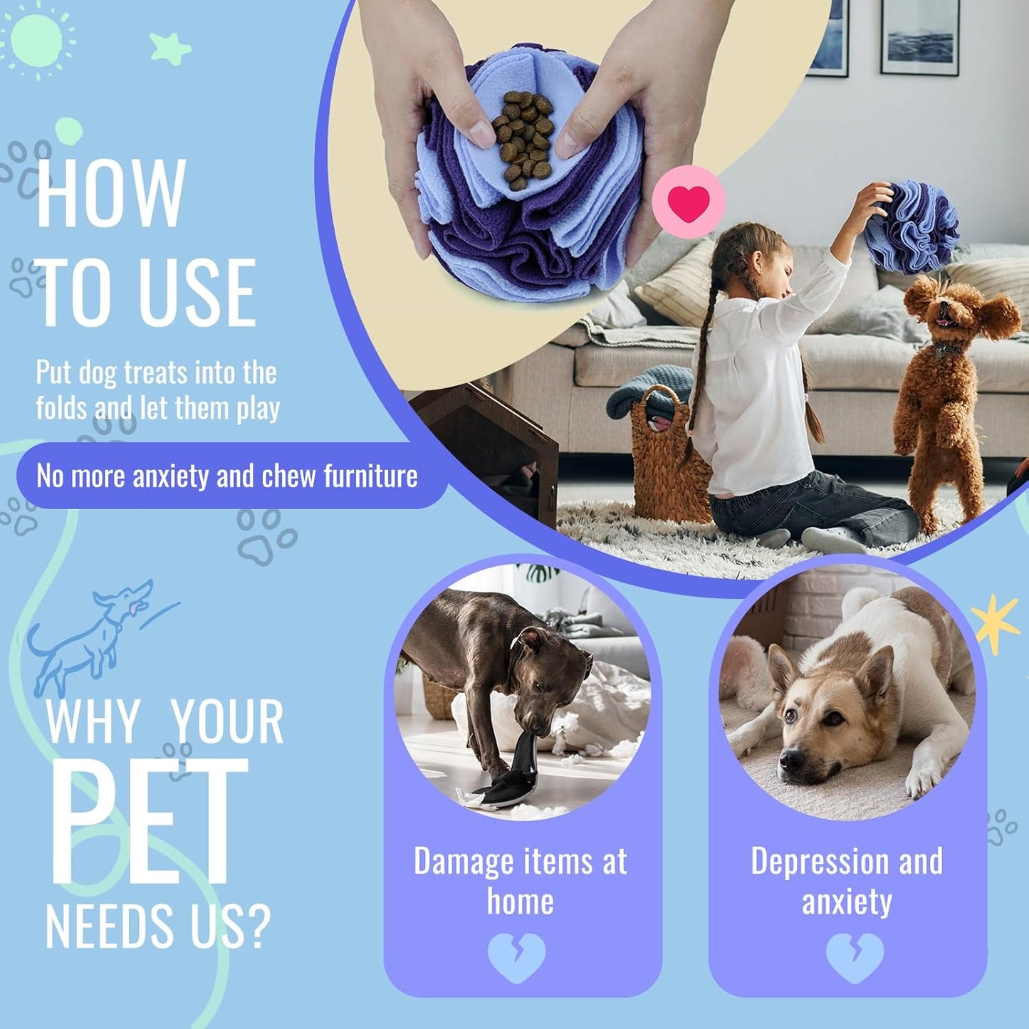 Pet Snuffle Ball, Puzzle Sniffing Interactive Dog Ball for Blind Dogs Training Stress Relief Dog Enrichment Toys Treat Machine Washable (15cm, Gradient Purple)