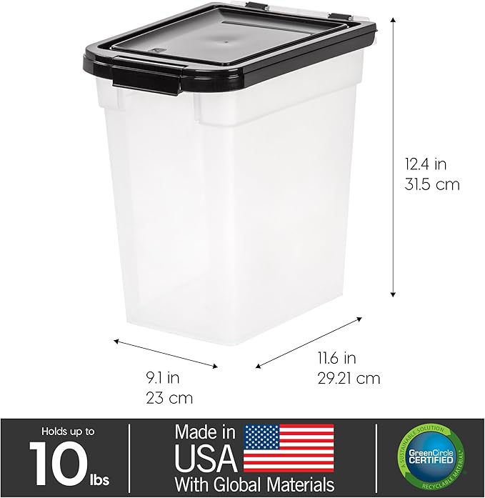 IRIS USA Airtight Dog Food Storage Container, WeatherPro, Up to 10 lbs, Removable Wheels, for Dog Cat Bird and Other Pet Food Storage Bin, Keep Fresh, Translucent Body, Made in USA, Clear/Black