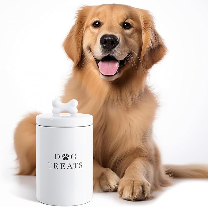Barnyard Designs Large Dog Treat Container Airtight with Lid, Cute Rustic Ceramic Dog Treat Storage Jar for Kitchen Counter (White)
