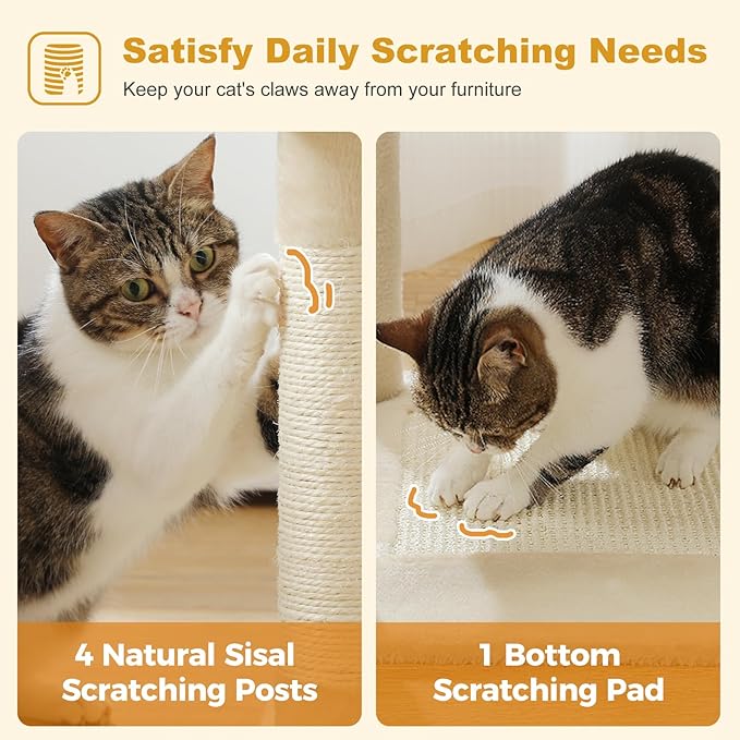 62" Cat Tree for Indoor Cats, Multi-Level Cat Tower with 2 Spacious Condos, Dual Top Perches, Scratching Pad, 4 Scratching Posts, 2 Pompoms, Beige