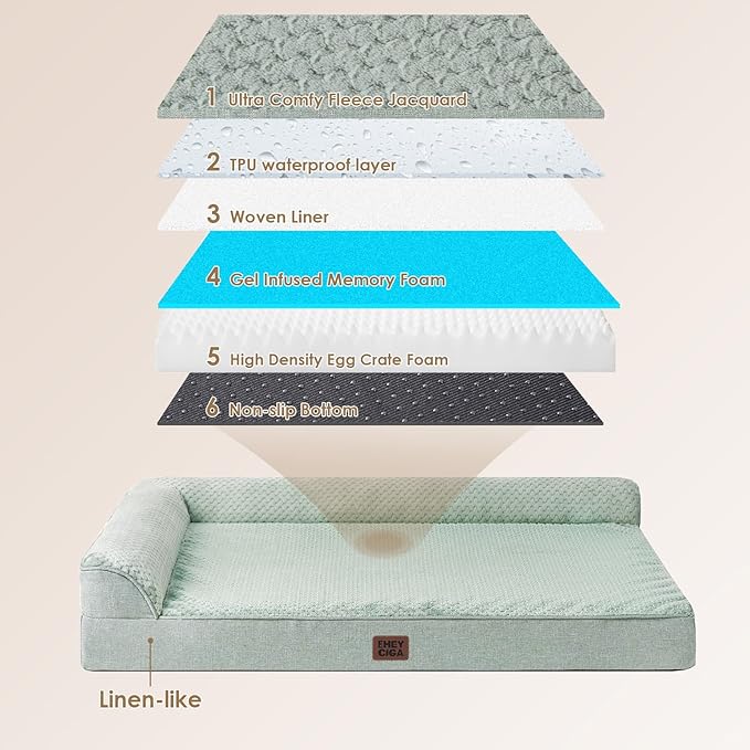EHEYCIGA Memory Foam Dog Bed XXL, Giant Dog Bed Orthopedic with Washable Removable Cover, Waterproof Pet Bed Couch for Jumbo Dogs, 48x36x7 Inches, Greyish Green