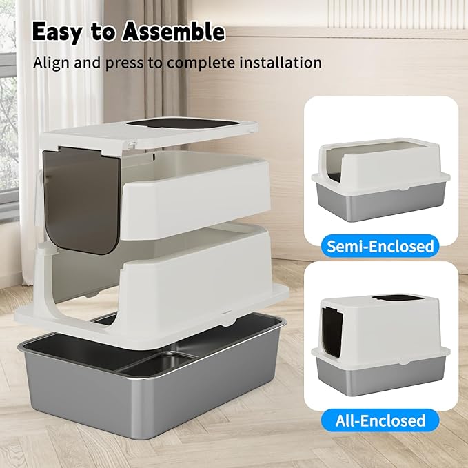 RIZZARI Stainless Steel Cat Box: Leak-Proof Large Enclosed Litter Pan Indoor Odorless Tray for Multiple Cats - Beige - for Cats Under 20 lbs - Ideal for Laundry Room Balcony