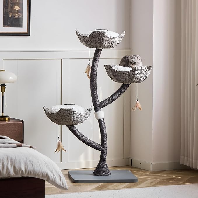 52” Tall Modern Gray Cat Tree Tower for Large Cats| Cat Scratching Posts with Hand-Woven Baskets | Luxury Cat Condo for Indoor Multiple Cats | Cat Furniture for Gifts （52” Gray ）