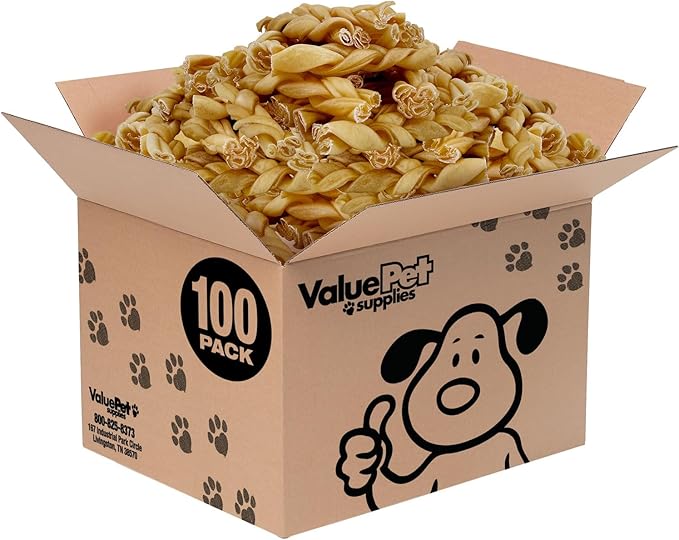 ValueBull Buffalo Collagen Braided Sticks for Large Dogs, 6 Inch Thick Chews, Natural Long-Lasting Dog Treats, 100 Count Bulk Pack - Supports Joints, Skin & Coat with Chondroitin & Glucosamine