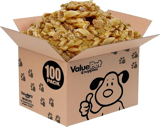 ValueBull Buffalo Collagen Braided Sticks for Large Dogs, 6 Inch Thick Chews, Natural Long-Lasting Dog Treats, 100 Count Bulk Pack - Supports Joints, Skin & Coat with Chondroitin & Glucosamine