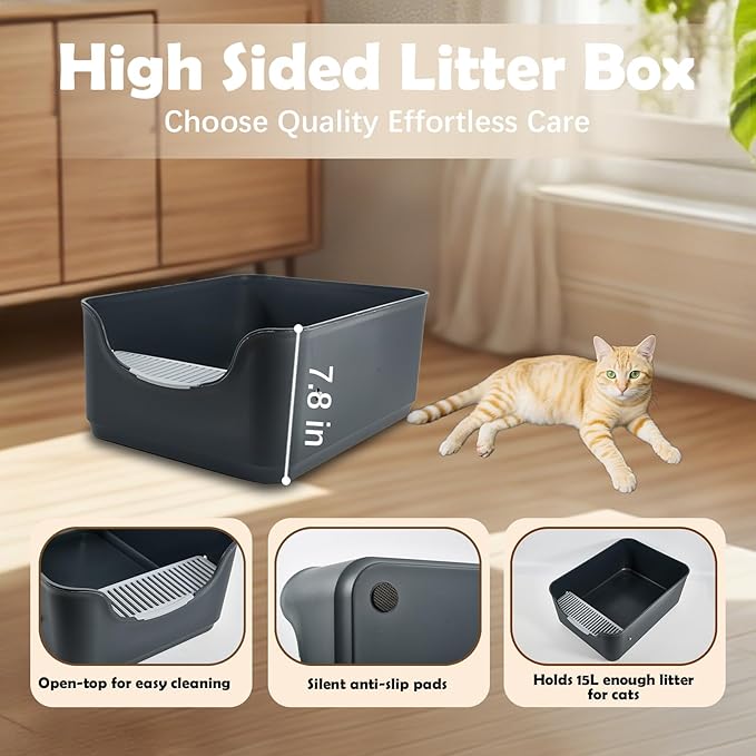 Large Cat Litter Box with High Sides and Low Entry,Open Top Litter Pan with Litter Trapping Pedal for Indoor Big Cats,Kittens and Multicat Homes,Easy to Clean,Anti-Urine Leakage (Grey)