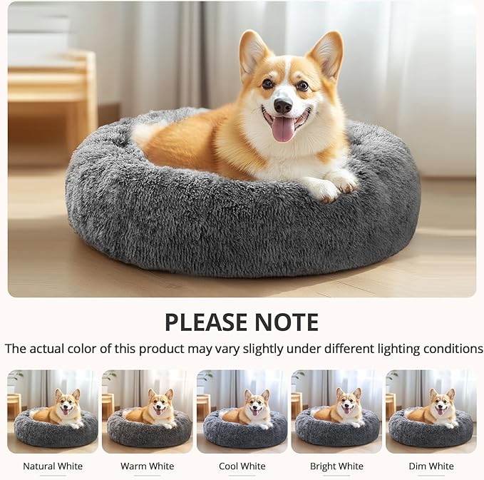 JOLLYVOGUE Small Dog & Cat Beds for Indoor Cats, Donut Cuddler Warming Soft Dog Beds with Anti-Slip Bottom, Round Calming Fluffy Plush Faux Fur Cushion Bed for Medium Dogs (27", Smoke Black)