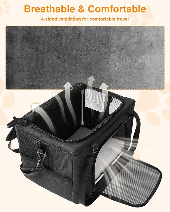 PETUX Small Cat Carrier - Pet Carrier Airline Approved for Kitten Under 10 lb - Escape-Proof, Foldable & Portable Cat Carriers for Travel, Vet Visits with Removable Bag, Safety Buckle ＆ Leash - Black