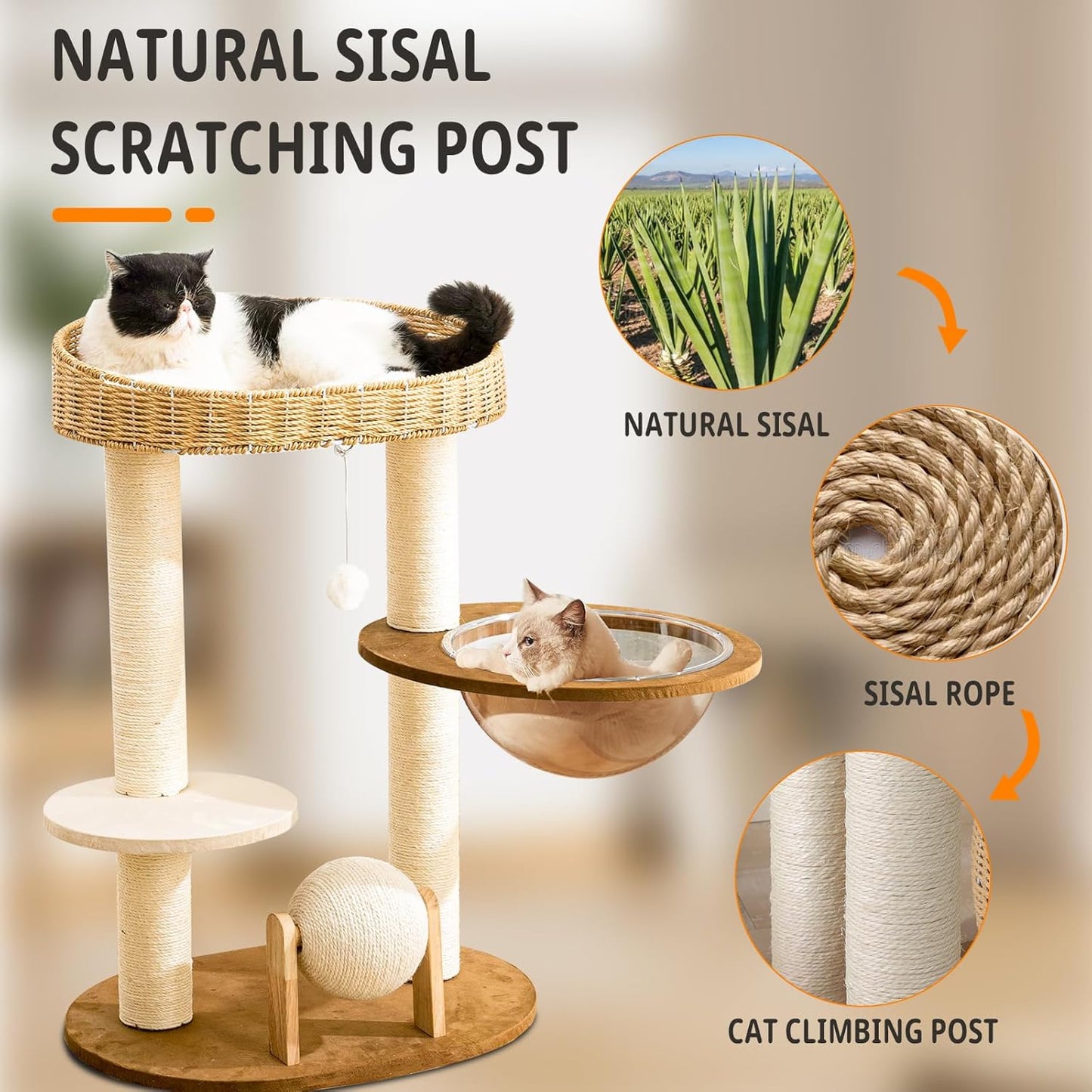 Modern Cat Tree for Indoor Cats, Wood Cat Tree with Natural Sisal-Covered Scratching Posts, Unique Cat Furniture Activity Center with Cat Scratching Ball Toy