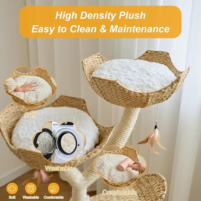 51" Tall Modern Luxury Cat Tree Tower Cat Scratching Post with Handwoven Baskests for Multiple Cats Furniture for Cat Lover Gifts(51" Natural)